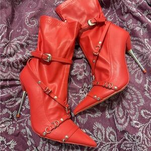 Red Strappy Pointed-Toe Stiletto Booties - Women